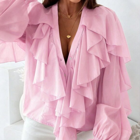 Pink Casual Women's V-Neck Lantern Sleeve Ruffle Boho Beach Top Chiffon Blouse - Picture 5 of 6